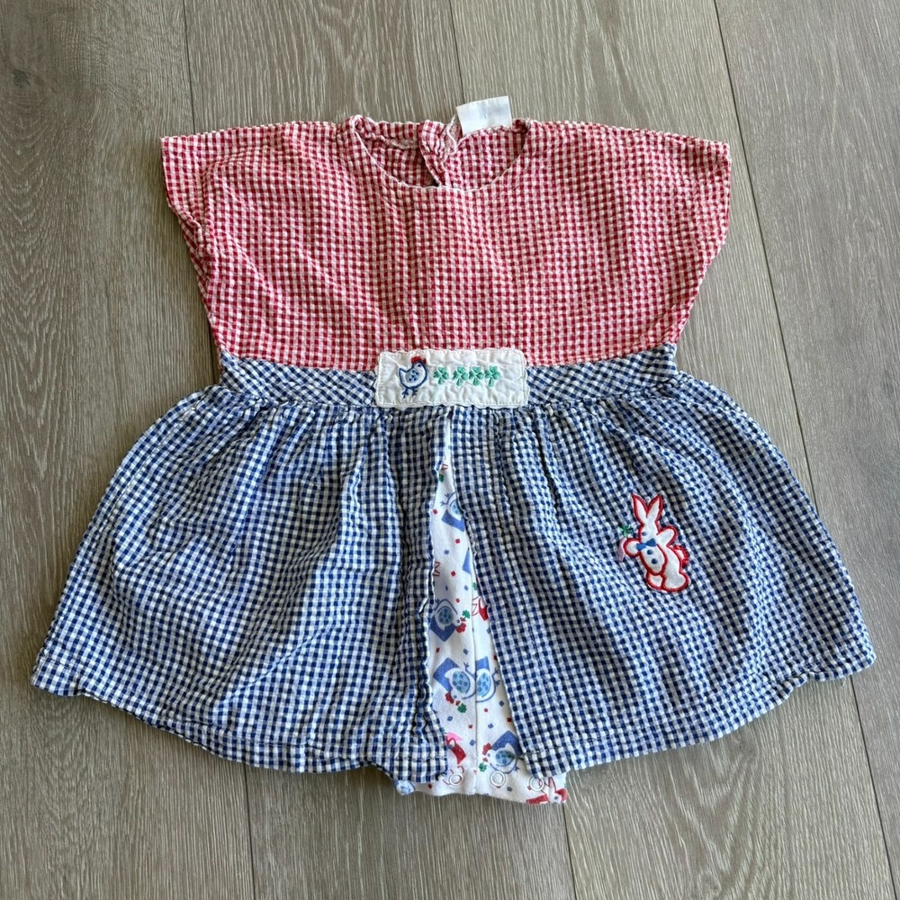 Vintage‎ Doe Spun Baby Girl Red Blue Gingham Check Romper Dress Size 6-9 Months